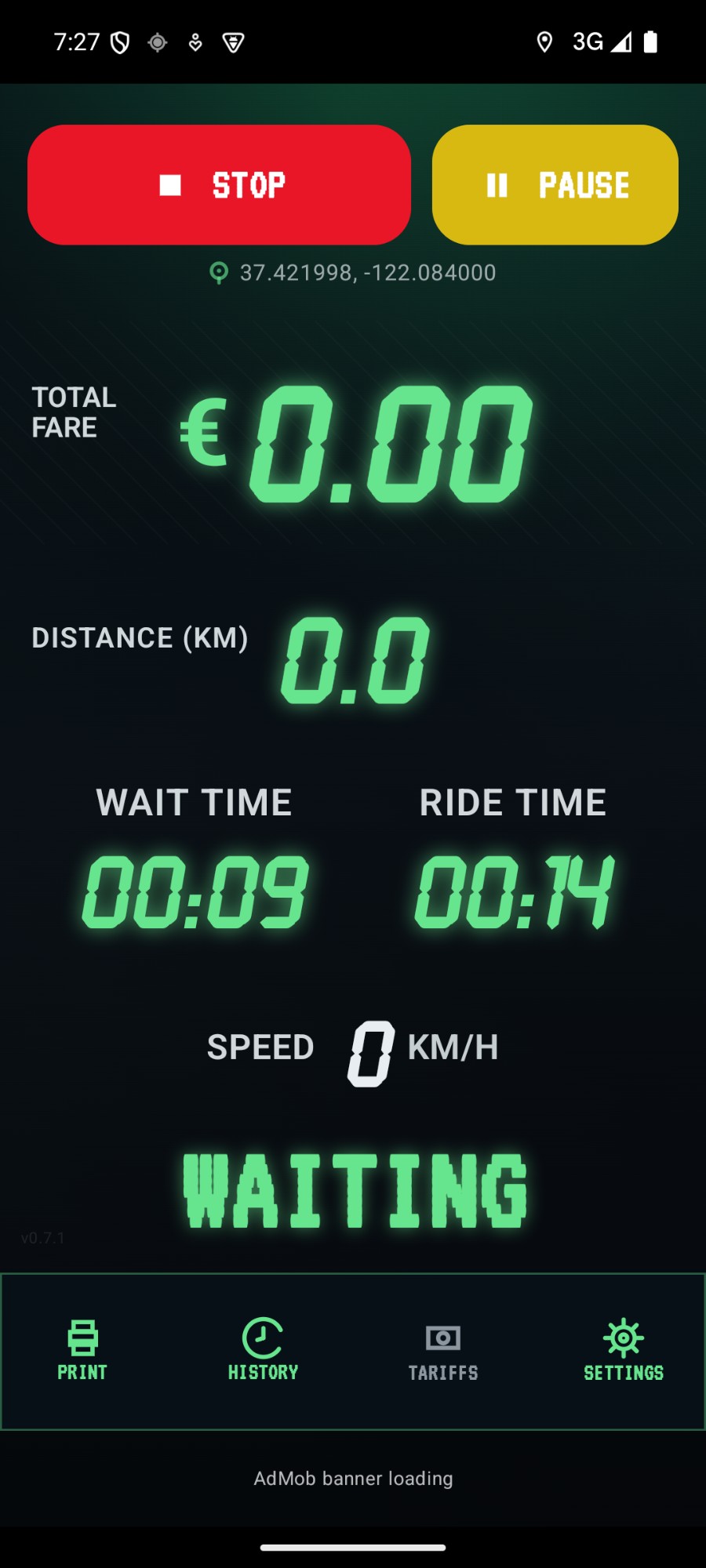 Super Taxi Meter running on Android, showing total fare, distance, wait time, and ride time in a green LCD readout with red STOP and yellow PAUSE buttons